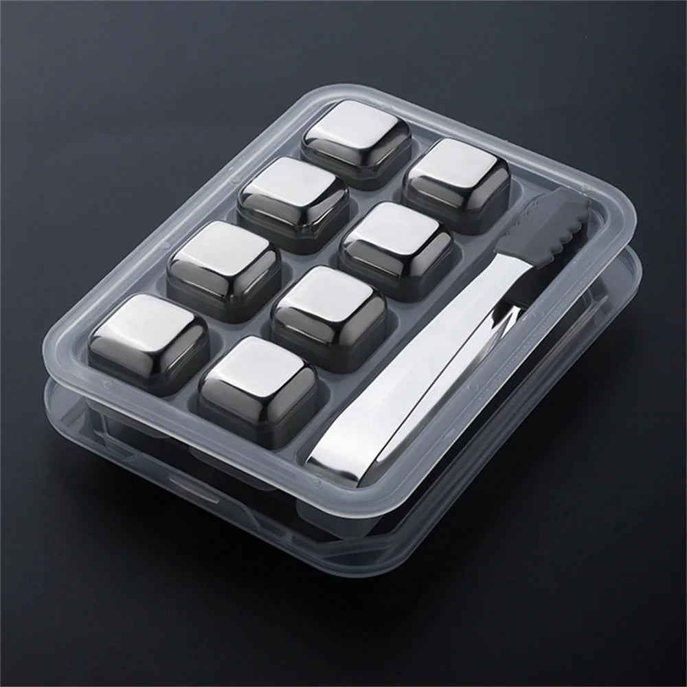 4pcs Metal Ice Cubes Whiskey Ice Cubes Set with Ice Cube Trays Stainless Steel Ice Cubes Reusable Summer Supply