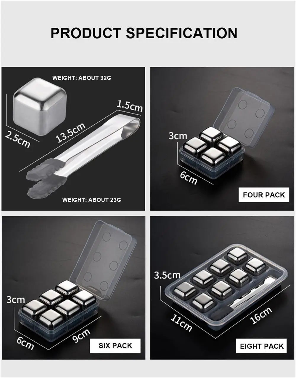 4pcs Metal Ice Cubes Whiskey Ice Cubes Set with Ice Cube Trays Stainless Steel Ice Cubes Reusable Summer Supply